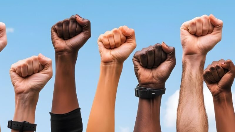 Plusieurs bras levés avec poings serrés symbolisant l’unité et la solidarité.