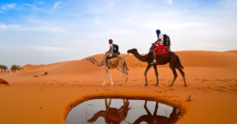 Voyageurs à dos de dromadaire traversant les dunes du désert près d’une oasis, symbolisant le slow travel, le tourisme saharien et la découverte authentique des cultures nomades.