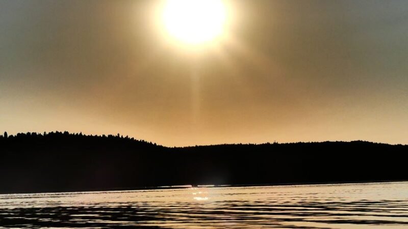 Soleil couchant illuminant le ciel au-dessus d’une ligne d’arbres, reflet doré sur l’eau calme d’un lac.
