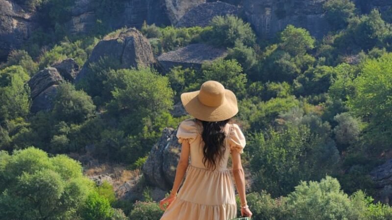 Femme en robe longue et chapeau tenant une valise verte, contemplant un paysage montagneux verdoyant.