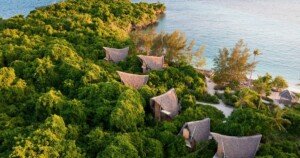 Lodges écologiques cachés dans une végétation tropicale au bord de la mer.