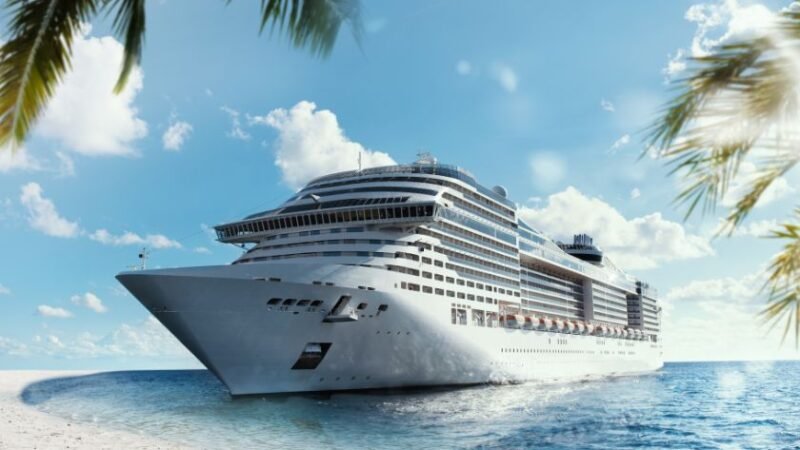 Grand navire de croisière blanc accosté près d’une plage de sable, entouré de palmiers sous un ciel ensoleillé.